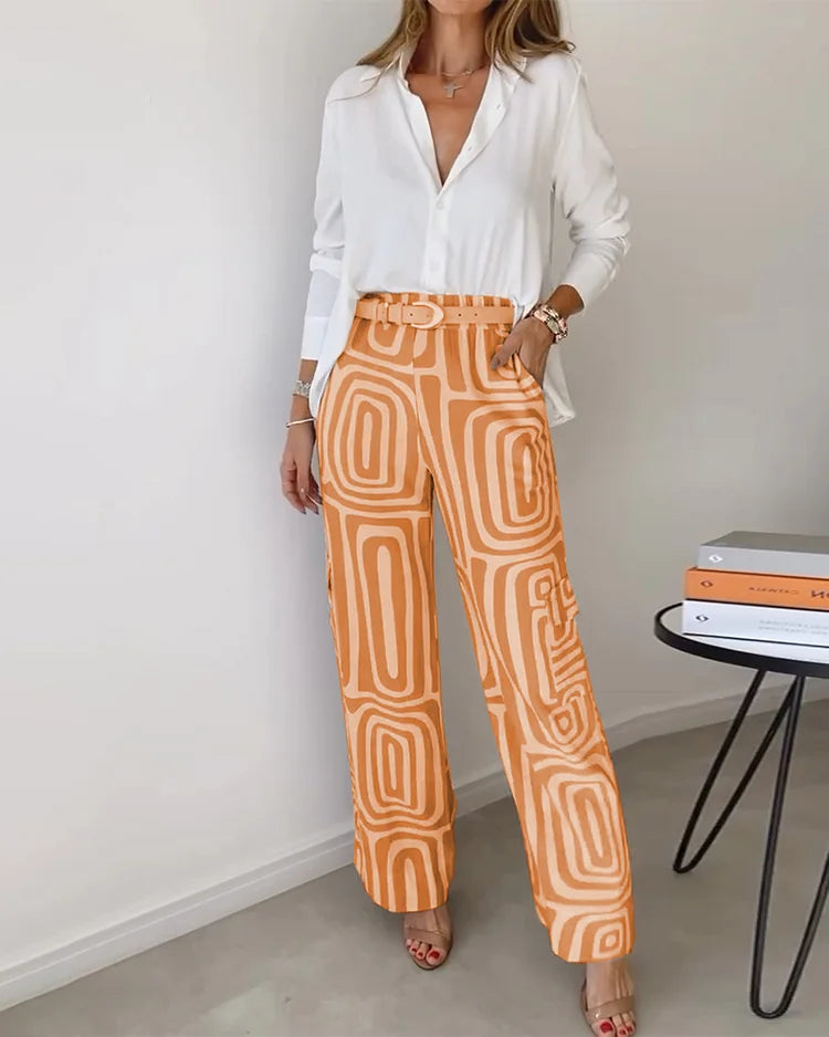 Kommy Elegante conjunto de pantalón – Incluye blusa y cinturón